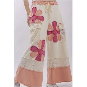 Boho Wide Leg Patchwork Pants with Pink Floral Appliqué NWT